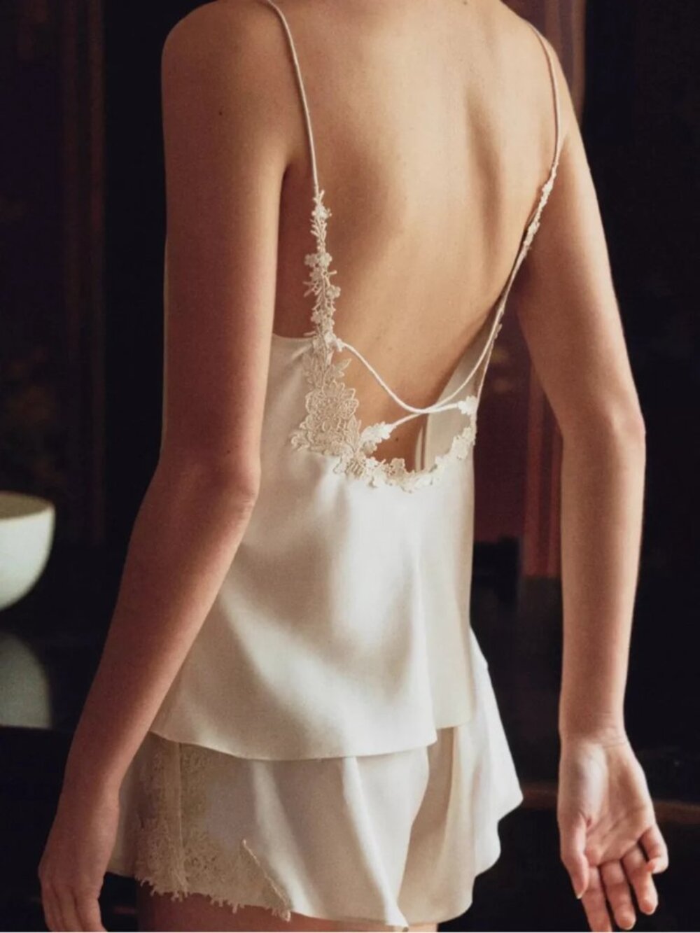 Zara Satin Delicate Lace-Trim Cross-Strap Top in Ivory Size M/L NWT